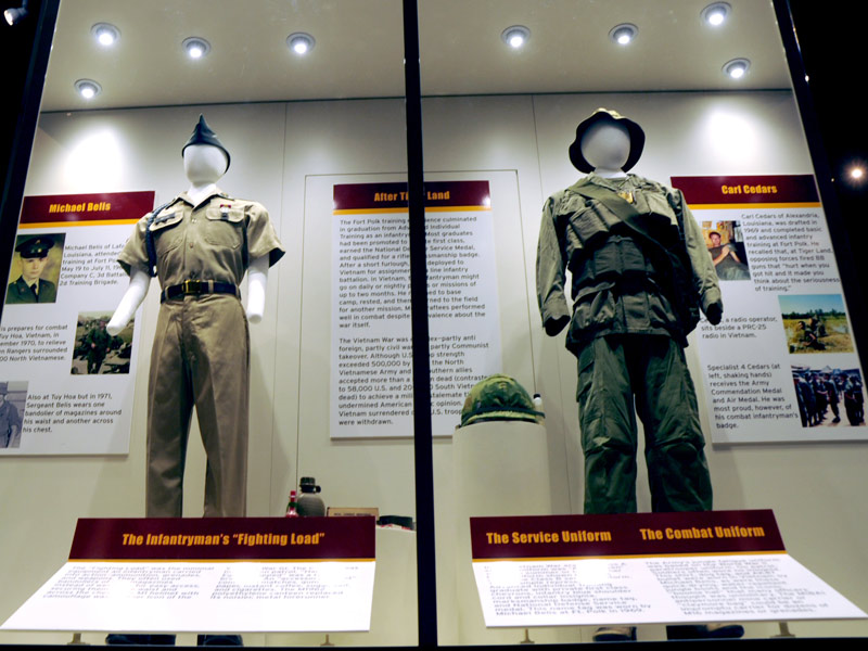 The Infantryman's 'Fighting Load' and The Service Uniform displays at the Fort Polk Museum.